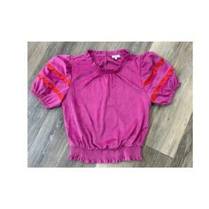 VOY Women’s Small Puff Sleeve Smocked Top Pink Red Scallop Trim Cottagecore